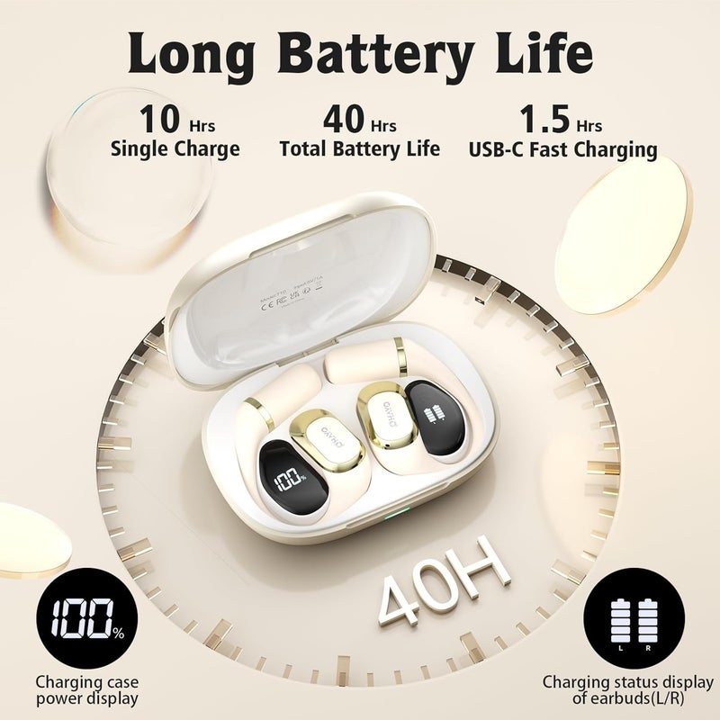 OHAYO Open Ear Headphones,Earbuds with Ergonomic Earhook,Bluetooth Headphones 5.4 with Smart Digital Display,40H Playtime,IPX6 Waterproof,Touch Control Earphones Fit Cycling,Running,Workout(Beige) - Image 2